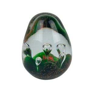 Art Glass Egg Shaped Paperweight Green Orange Controlled Bubble Office Decor